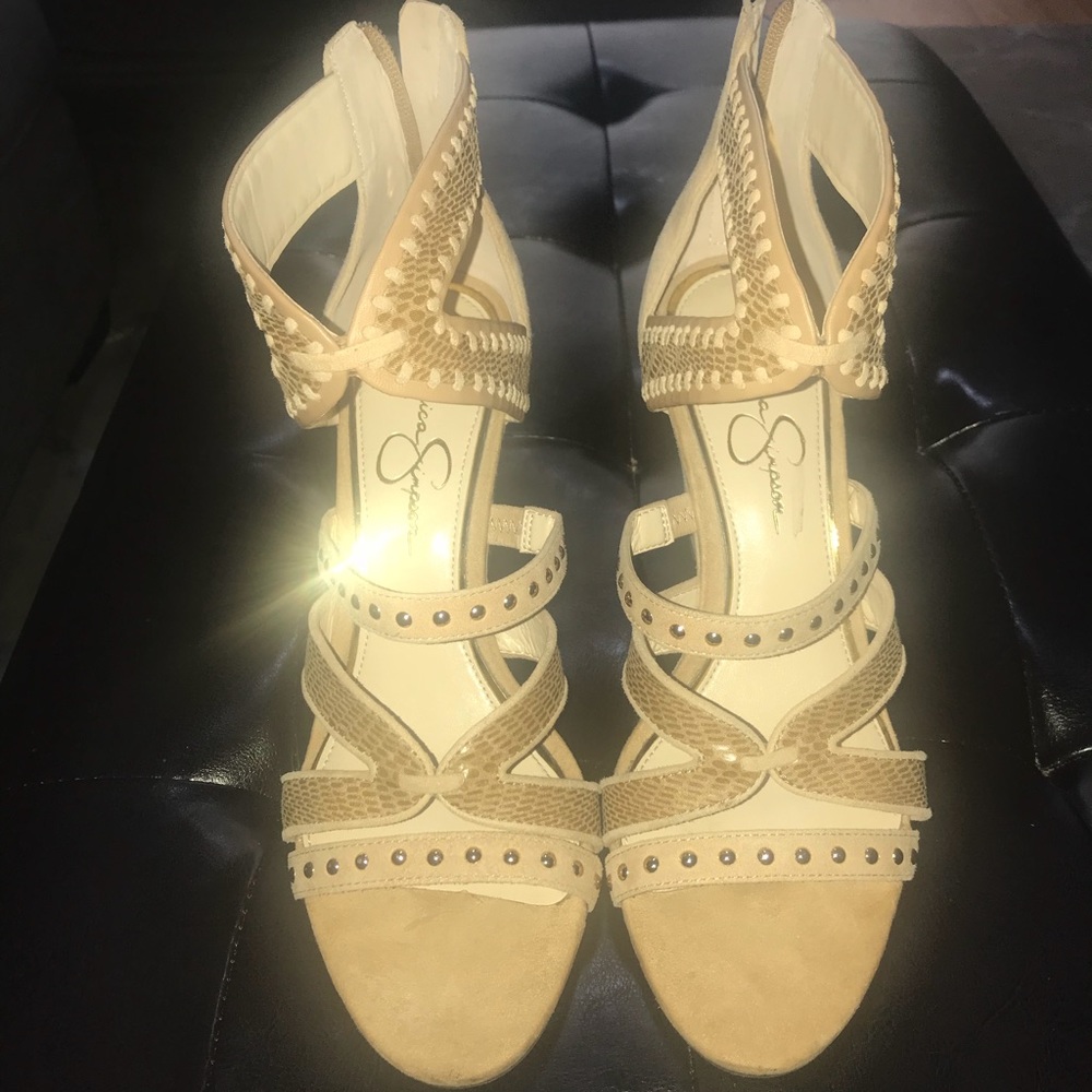 Jessica Simpson nude suede wedges